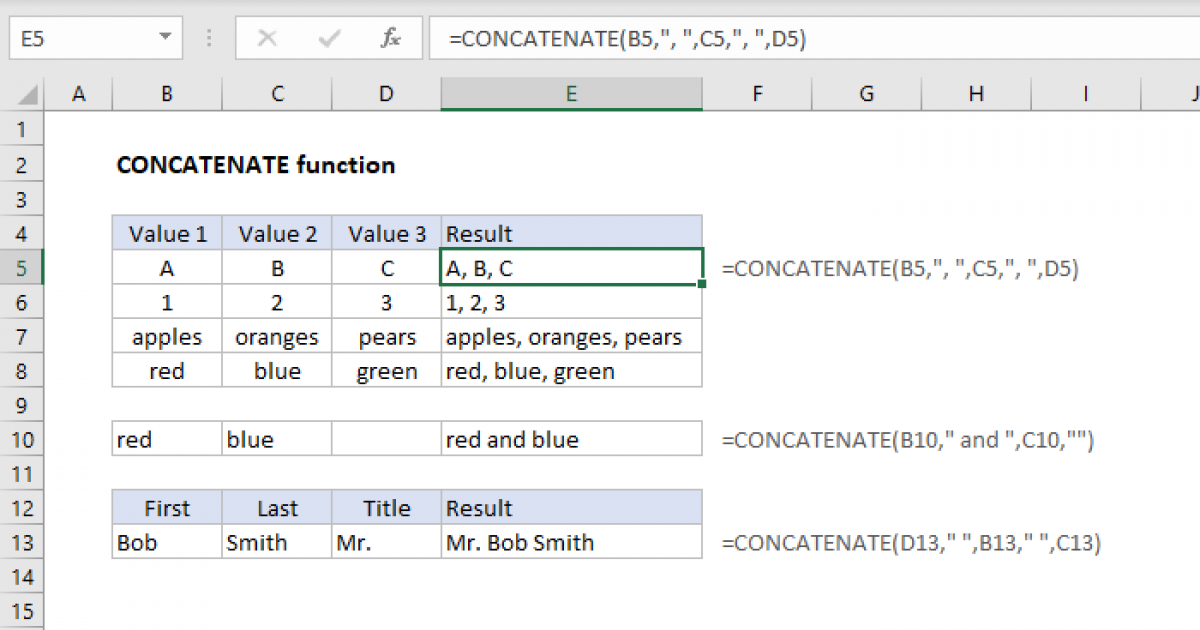 Excel CONCATENATE function Exceljet